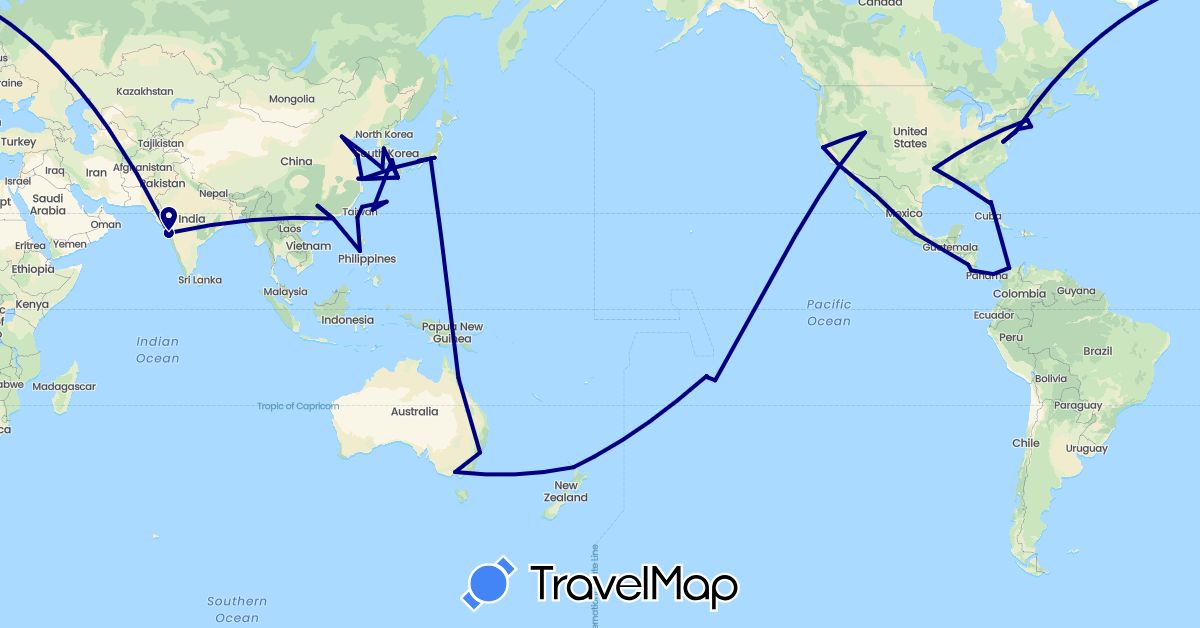 TravelMap itinerary: driving in Australia, China, Colombia, Costa Rica, France, India, Japan, South Korea, Mexico, Nicaragua, New Zealand, Panama, Philippines, Taiwan, United States (Asia, Europe, North America, Oceania, South America)